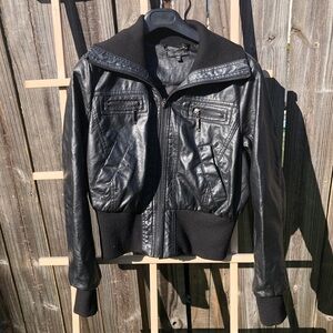 Vintage Black Faux Leather Full Zip Jacket with knit hem and collar XL